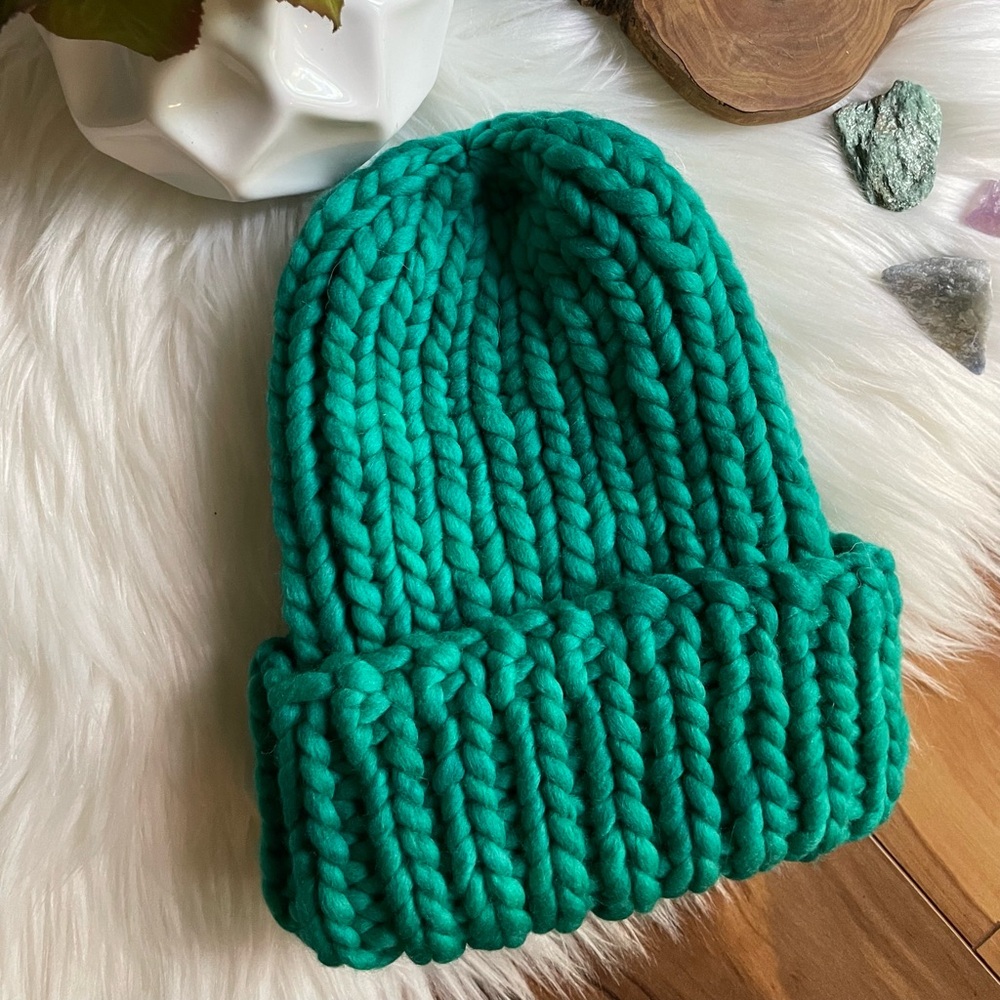 Hand knitted luxury wool fold over beanie hat emerald green color
